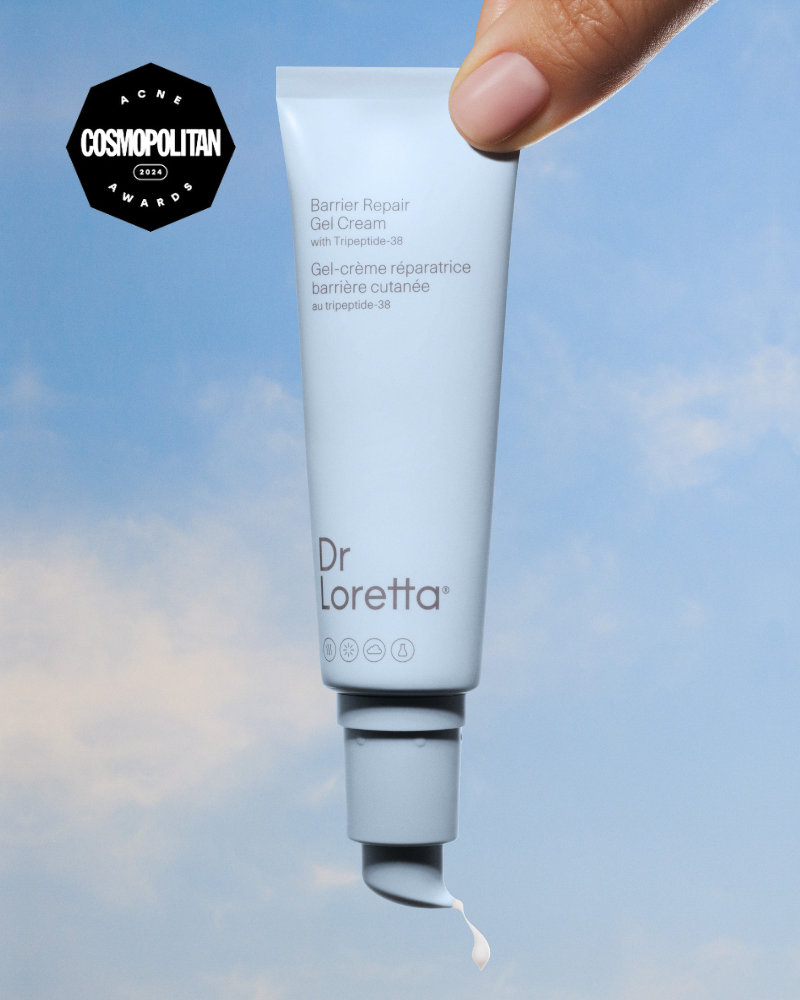 Dr Loretta barrier repair gel with a Cosmopolitan award logo on a blue sky background